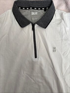 DKNY Men's White Polo Shirt with Dark Gray Collar Size L